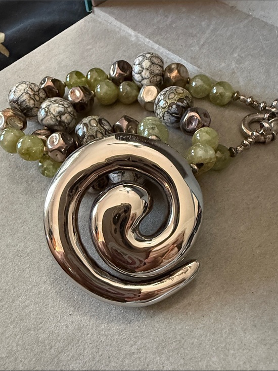 Jewelry - Artisan Sterling Silver Spiral Necklace with Aventurine, Glass, lamp work beads